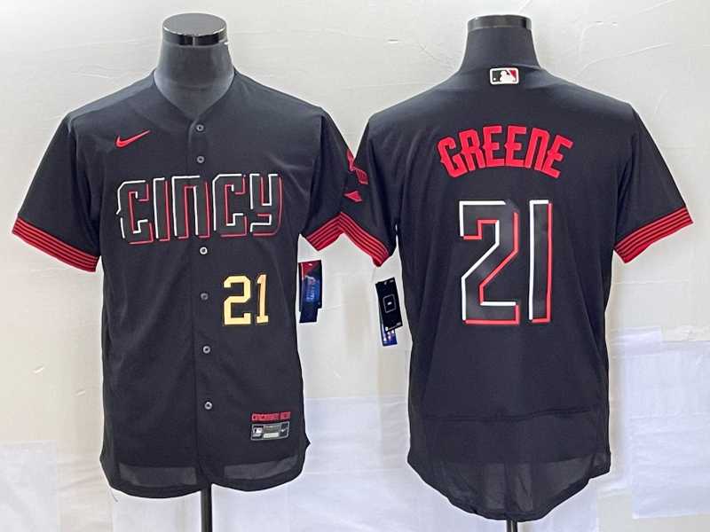 Mens Cincinnati Reds #21 Hunter Greene Number Black 2023 City Connect Flex Base Stitched Jerseys